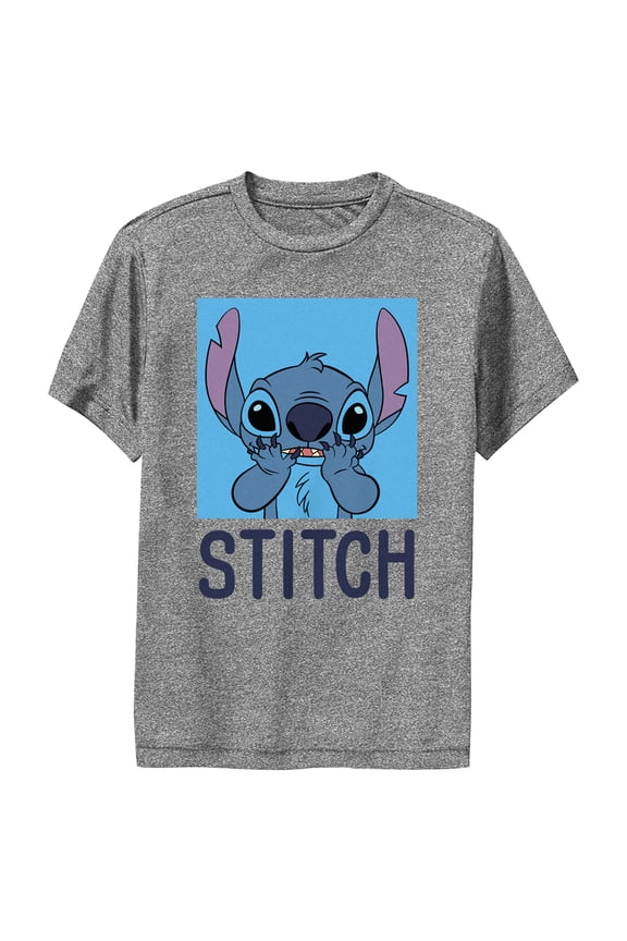 Boy's Lilo & Stitch Blue Square Portrait Stitch Performance Graphic Tee Charcoal Heather X Large