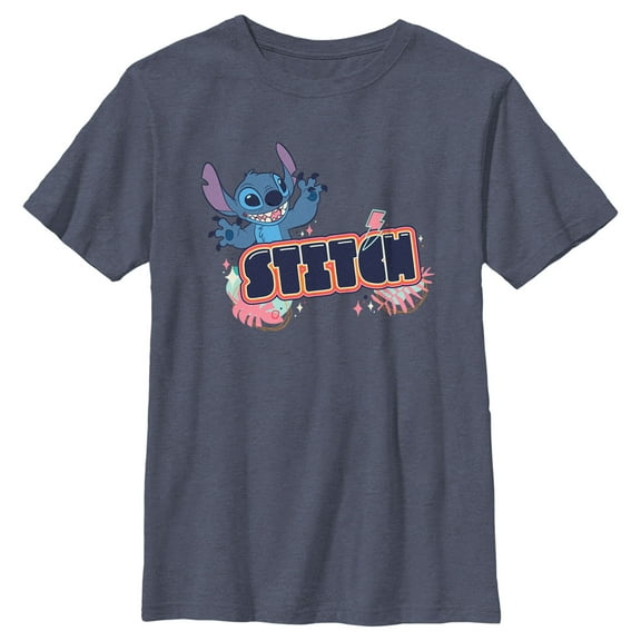 Boy's Lilo & Stitch Bubble Stitch Name  Graphic Tee Navy Blue Heather Medium