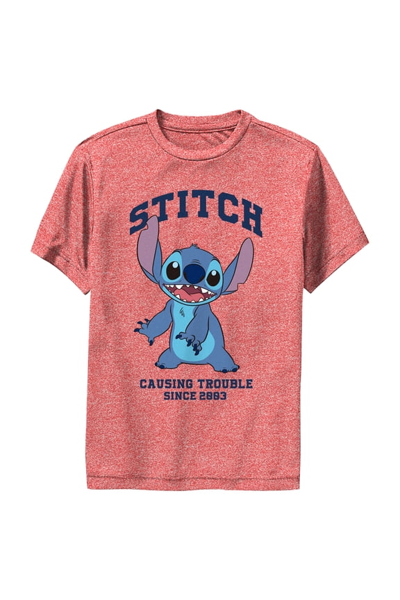 Boy's Lilo & Stitch Causing Trouble Since 2003 Performance Graphic Tee Red Heather Large