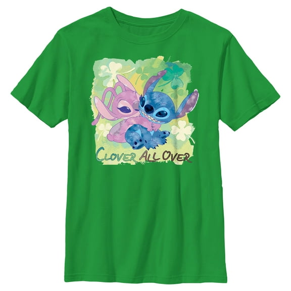 Boy's Lilo & Stitch Clover All Over  Graphic Tee Kelly Green Medium