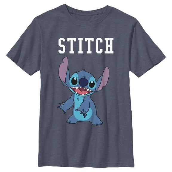Boy's Lilo & Stitch Collegiate Stitch  Graphic Tee Navy Blue Heather Large