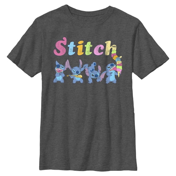 Boy's Lilo & Stitch Colorful Action Poses Stitch Graphic Tee Charcoal Heather Small