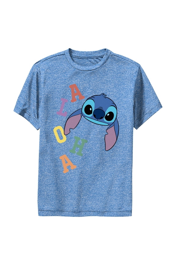 Boy's Lilo & Stitch Colorful Aloha Stitch Face  Performance Graphic Tee Royal Blue Heather Medium