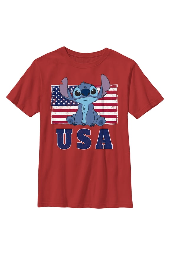 Boy's Lilo & Stitch Distressed Red, White, and Blue Graphic Tee Red Large