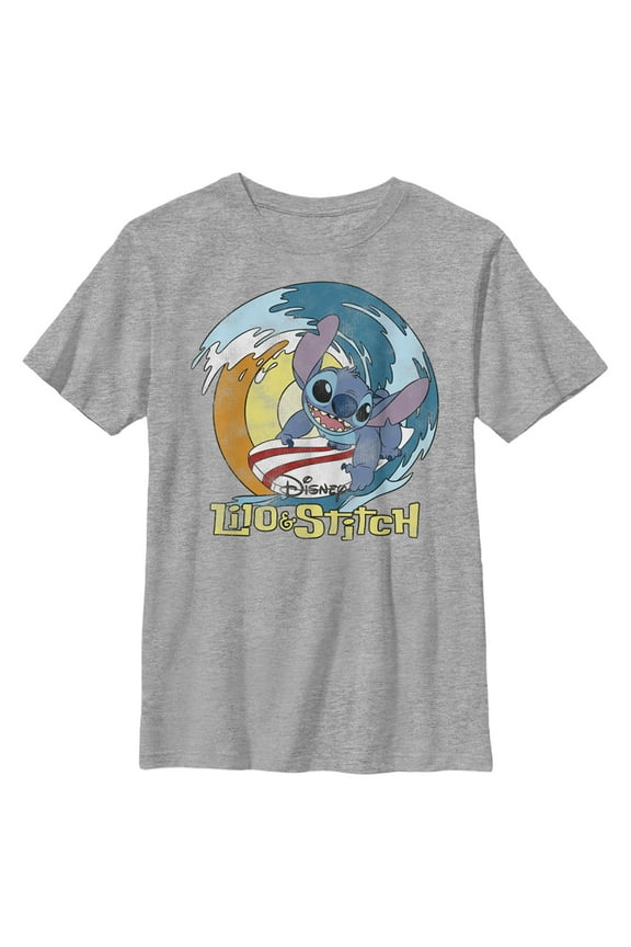 Boy's Lilo & Stitch Distressed Surf's Up Graphic Tee Athletic Heather Large