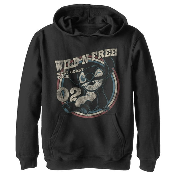 Boy's Lilo & Stitch Distressed Wild and Free Tour Pull Over Hoodie Black Medium