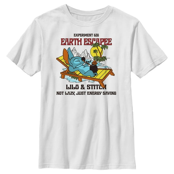 Boy's Lilo & Stitch Experiment 626 Earth Escape Not Lazy, Just Energy Saving Graphic Tee White Small