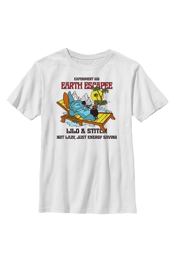 Boy's Lilo & Stitch Experiment 626 Earth Escape Not Lazy, Just Energy Saving Graphic Tee White Large
