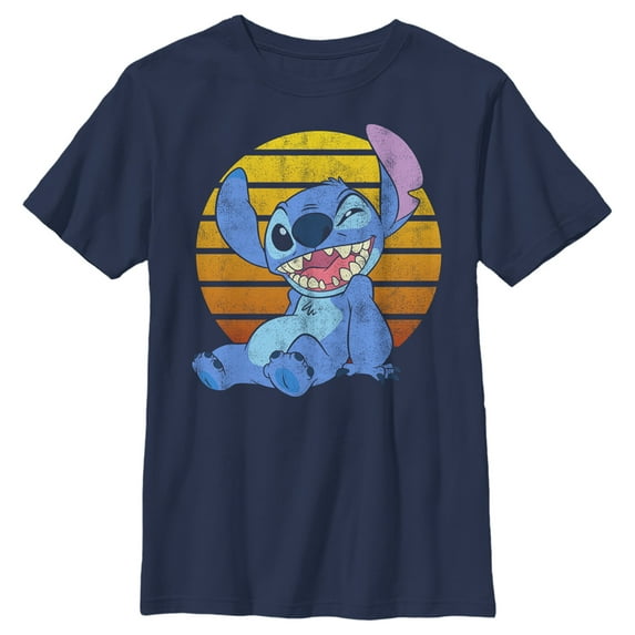 Boy's Lilo & Stitch Experiment 626 Retro Sunset Smile Graphic Tee Navy Blue Large
