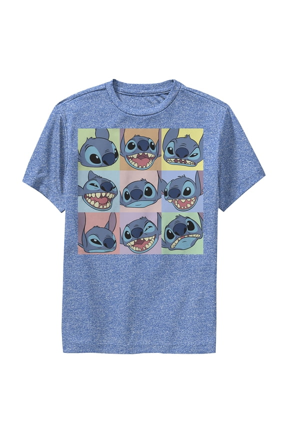 Boy's Lilo & Stitch Facial Expressions of Stitch Performance Graphic Tee Royal Blue Heather Medium
