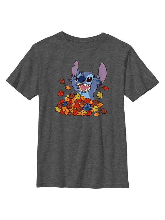 Boy's Lilo & Stitch Fall Leaf Pile Graphic Tee Charcoal Heather Medium