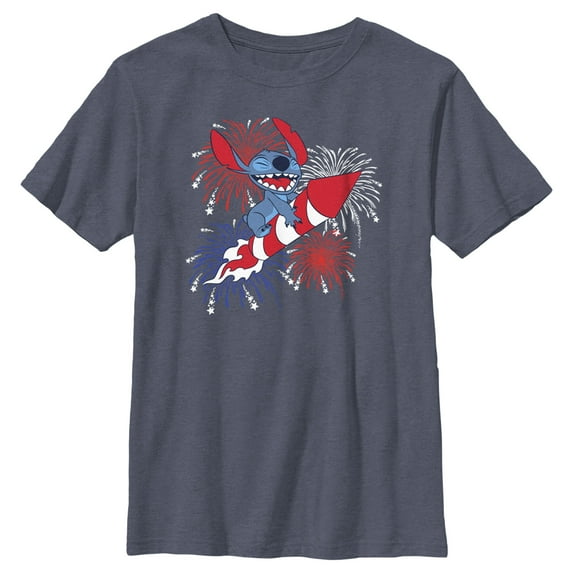 Boy's Lilo & Stitch Firework Rocket Ride for Stitch Graphic Tee Navy Blue Heather Medium