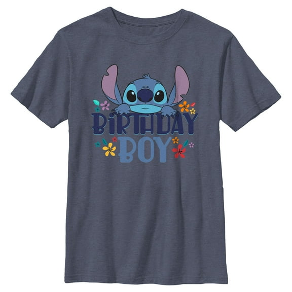 Boy's Lilo & Stitch Floral Birthday Boy Graphic Tee Navy Blue Heather Large