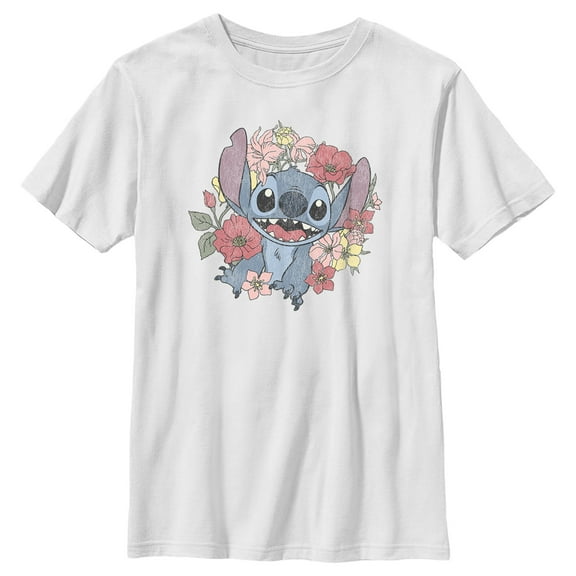 Boy's Lilo & Stitch Floral Distressed Stitch Graphic Tee White Small