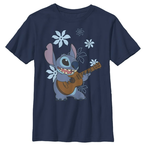 Boy's Lilo & Stitch Floral Ukulele Dance  Graphic Tee Navy Blue Large