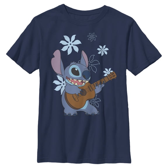 Boy's Lilo & Stitch Floral Ukulele Dance Graphic Tee Navy Blue Medium