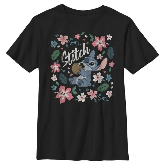 Boy's Lilo & Stitch Flowers and a Coconut Graphic Tee Black X Small