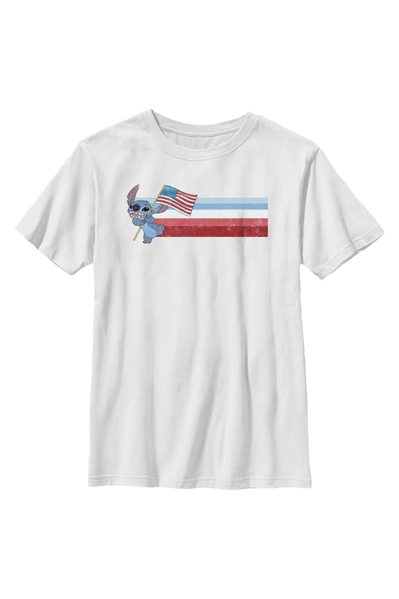 Boy's Lilo & Stitch Flying the American Flag Graphic Tee White Large
