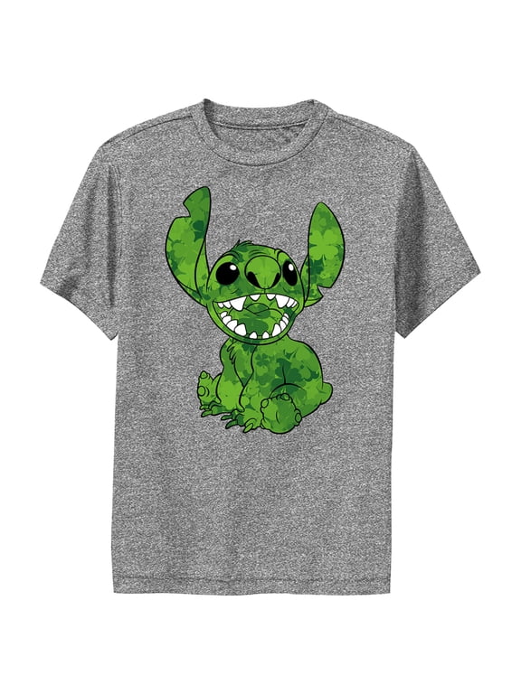 Boy's Lilo & Stitch Four-Leaf Clover Fill Performance Graphic Tee Charcoal Heather Large