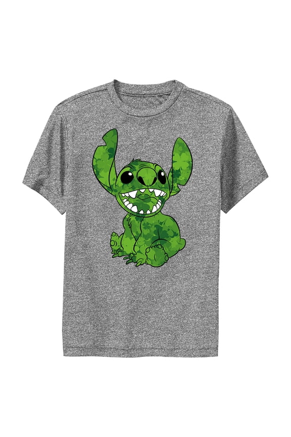 Boy's Lilo & Stitch Four-Leaf Clover Fill Performance Graphic Tee Charcoal Heather Small