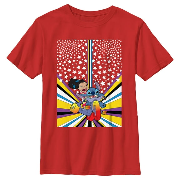 Boy's Lilo & Stitch Friends on Bike Poster Graphic Tee Red X Small
