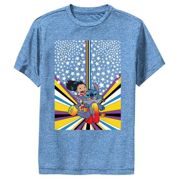 Boy's Lilo & Stitch Friends on Bike Poster  Performance Graphic Tee Royal Blue Heather Medium