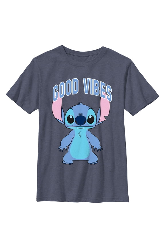Boy's Lilo & Stitch Good Vibes Collegiate Stitch Graphic Tee Navy Blue Heather X Large