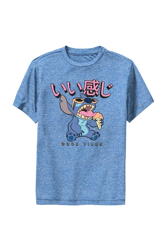 Boy's Lilo & Stitch Good Vibes Snack Eater Performance Graphic Tee Royal Blue Heather Large