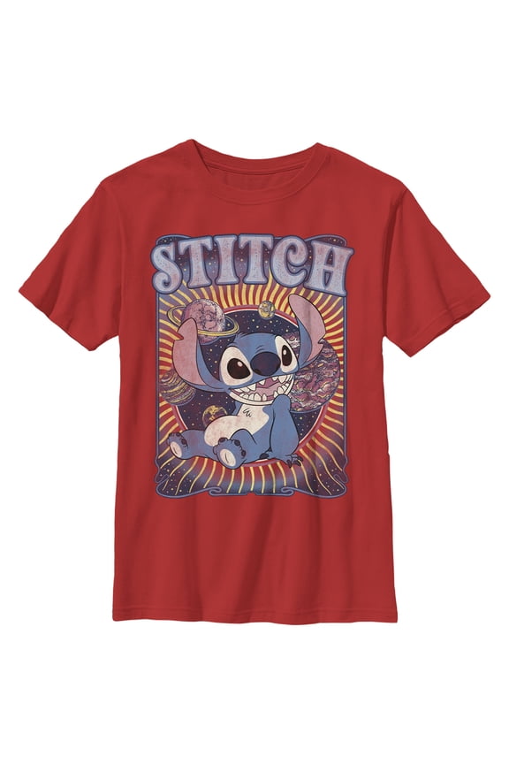 Boy's Lilo & Stitch Groovy Planets Stitch  Graphic Tee Red Large
