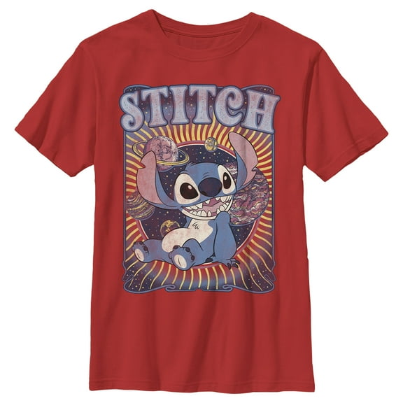 Boy's Lilo & Stitch Groovy Planets Stitch  Graphic Tee Red Medium