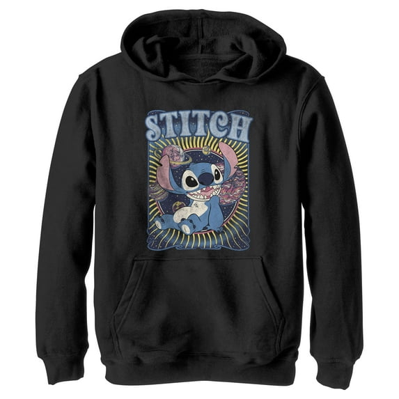 Boy's Lilo & Stitch Groovy Planets Stitch Pull Over Hoodie Black Large
