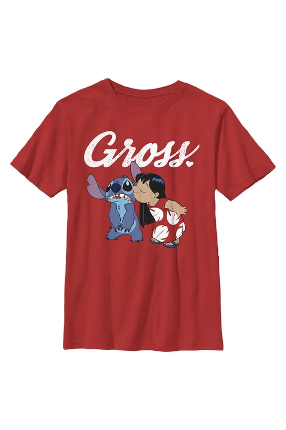 Boy's Lilo & Stitch Gross Kiss  Graphic Tee Red Medium