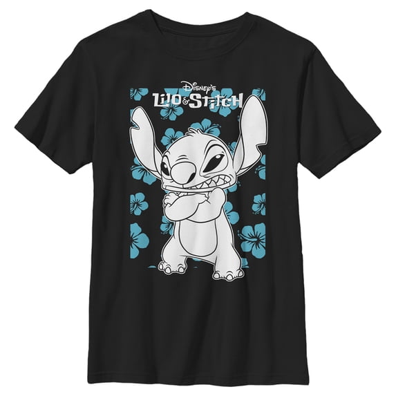Boy's Lilo & Stitch Grumpy Blue Flowers Graphic Tee Black Large
