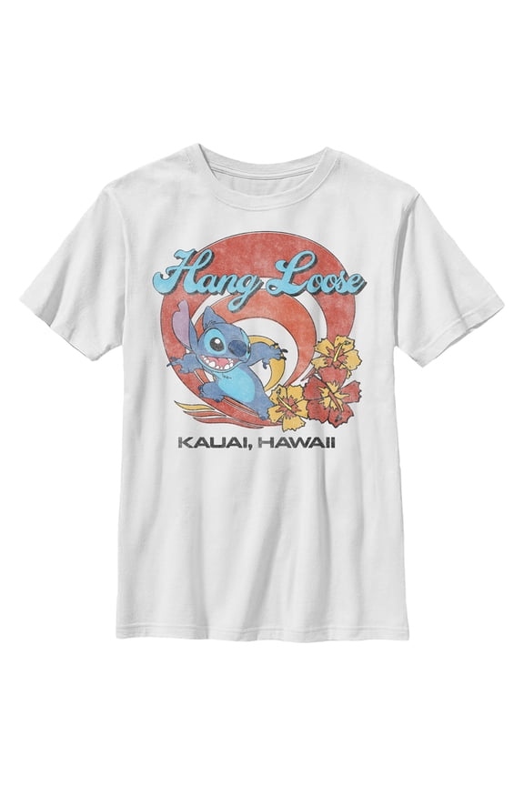 Boy's Lilo & Stitch Hang Loose Kauai Hawaii Graphic Tee White Small