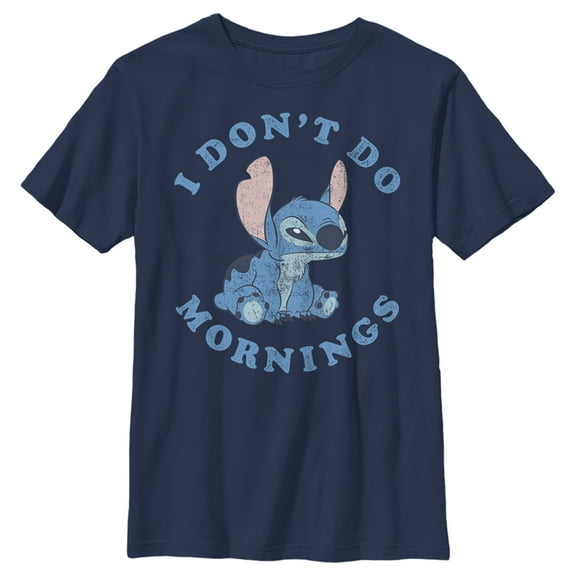 Boy's Lilo & Stitch I Don't Do Mornings Light Blue Graphic Tee Navy Blue Medium