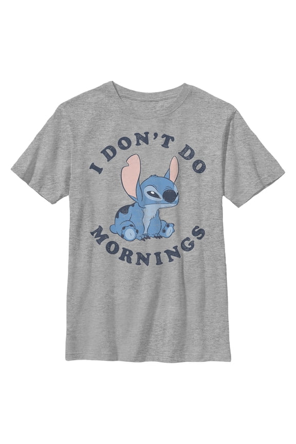 Boy's Lilo & Stitch I Don't Do Mornings Stitch Distressed Graphic Tee Athletic Heather Large