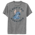 thumbnail image 1 of Boy's Lilo & Stitch I Don't Do Mornings Stitch Distressed Performance Graphic Tee Charcoal Heather Medium, 1 of 4