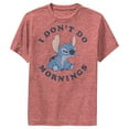 thumbnail image 1 of Boy's Lilo & Stitch I Don't Do Mornings Stitch Distressed Performance Graphic Tee Red Heather Medium, 1 of 4