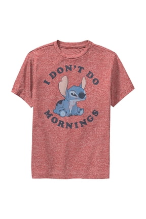 Boy's Lilo & Stitch I Don't Do Mornings Stitch Distressed Performance Graphic Tee Red Heather Medium