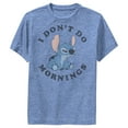 thumbnail image 1 of Boy's Lilo & Stitch I Don't Do Mornings Stitch Distressed  Performance Graphic Tee Royal Blue Heather Small, 1 of 4