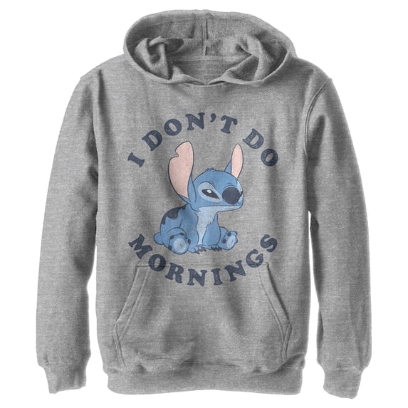Boy's Lilo & Stitch I Don't Do Mornings Stitch Distressed Pull Over Hoodie Athletic Heather Medium