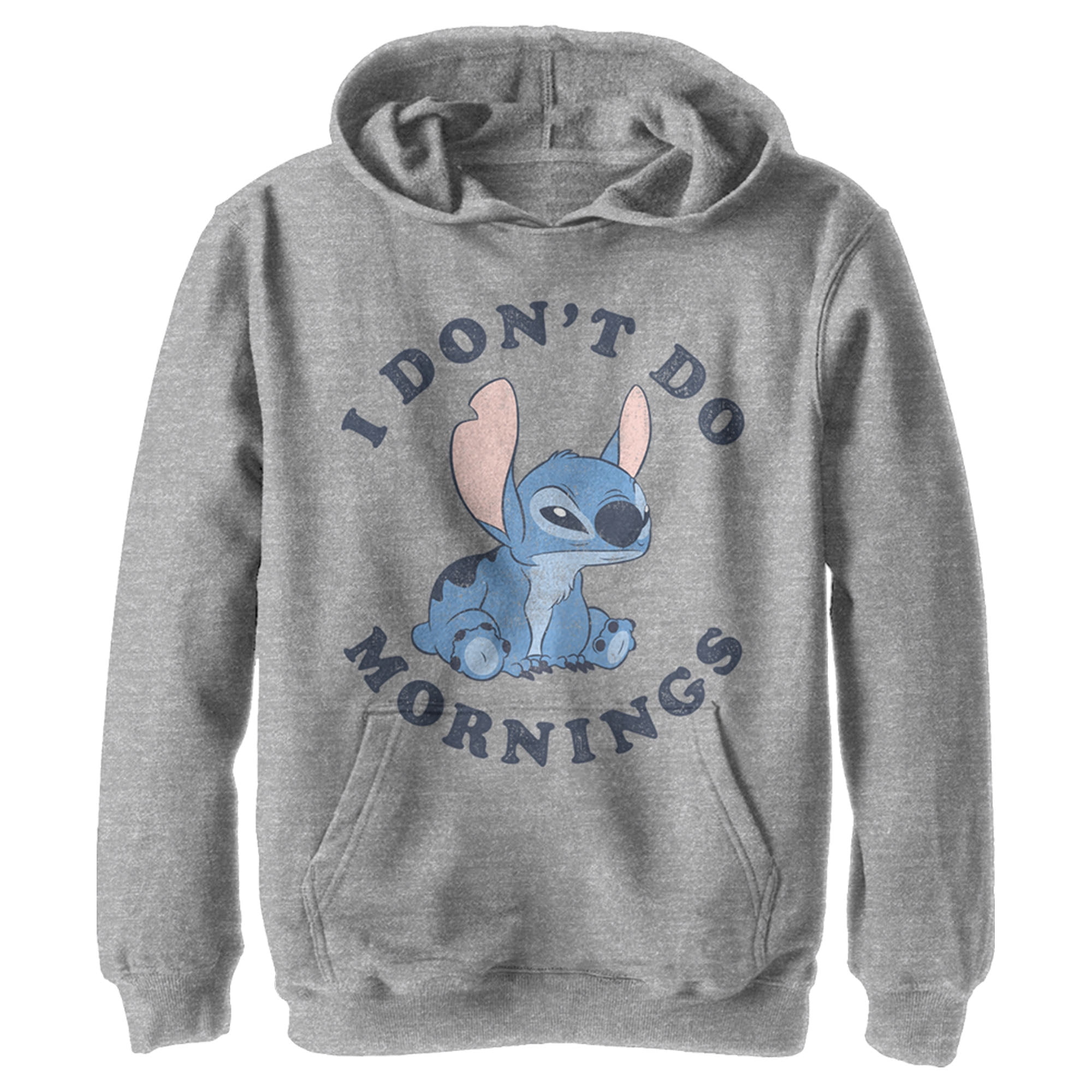 Boy's Lilo u0026 Stitch I Don't Do Mornings Stitch Distressed Pull Over Hoodie  Athletic Heather Small