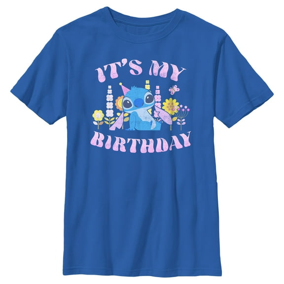 Boy's Lilo & Stitch It's My Birthday Distressed  Graphic Tee Royal Blue Medium