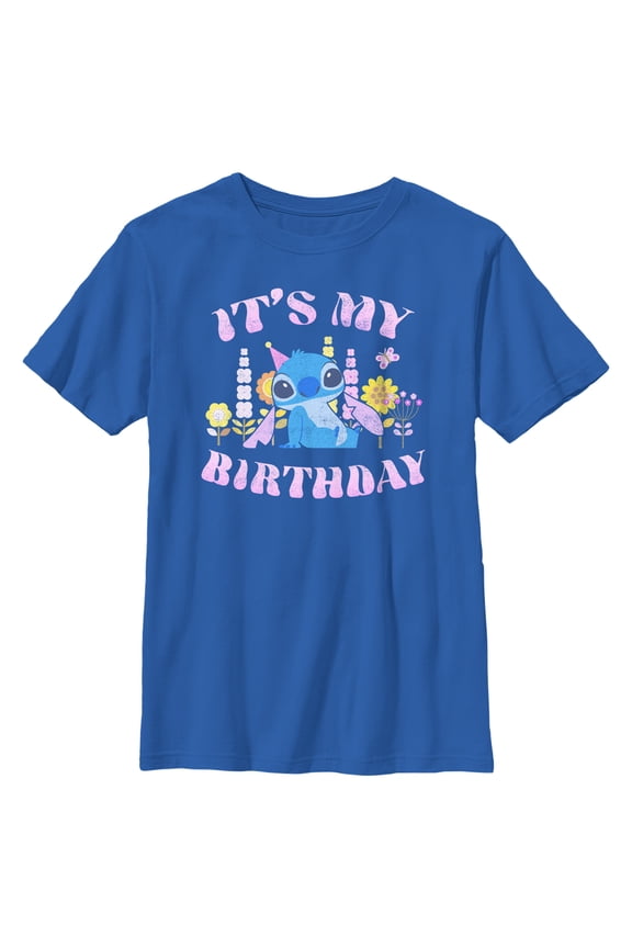 Boy's Lilo & Stitch It's My Birthday Distressed Graphic Tee Royal Blue Medium