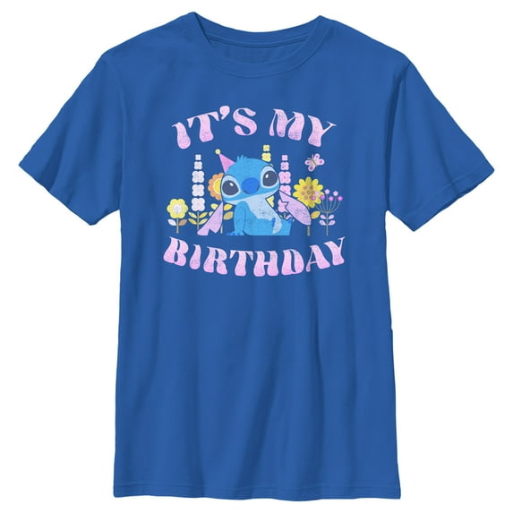 Boy's Lilo & Stitch It's My Birthday Distressed Graphic Tee Royal Blue Small
