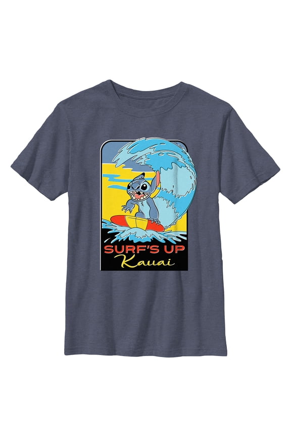 Boy's Lilo & Stitch Kauai Surf's Up Graphic Tee Navy Blue Heather Small