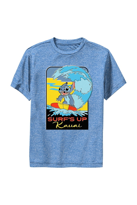Boy's Lilo & Stitch Kauai Surf's Up Performance Graphic Tee Royal Blue Heather Small