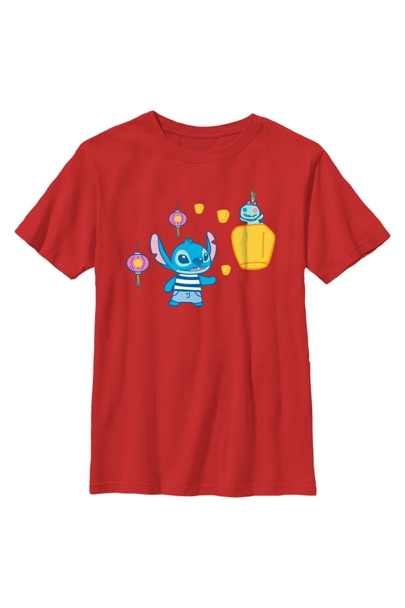 Boy's Lilo & Stitch Lantern Festival Scrump and Stitch Graphic Tee Red Medium