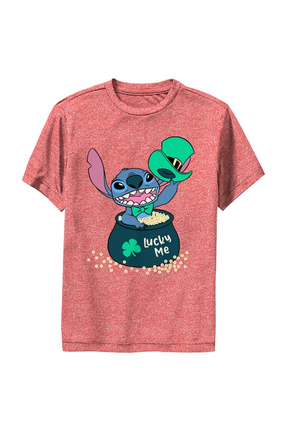 Boy's Lilo & Stitch Lucky Me Leprechaun Stitch Performance Graphic Tee Red Heather Small