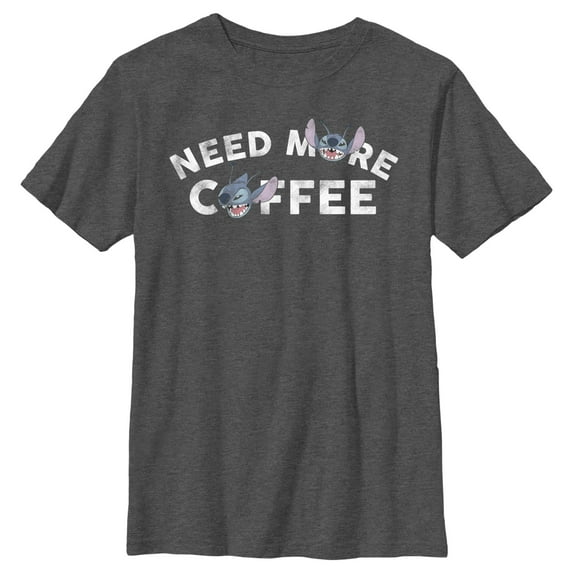 Boy's Lilo & Stitch Need More Coffee Distressed Stitch Graphic Tee Charcoal Heather Large